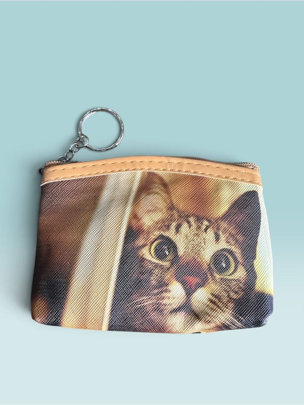Cat Face Coin Purse Keychain in Tan